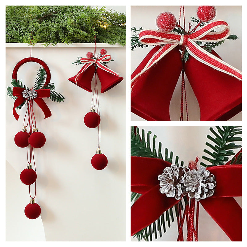 HKM-203923 Elegant Flocking Christmas Tree Ornaments - Wine Red Bells & Decor for Festive Celebrations