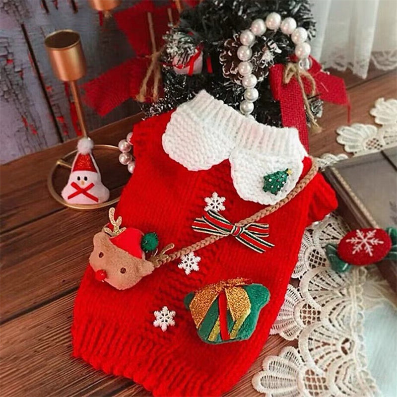HKM-2040381 Cozy Red Wool Sweater for Pets - Perfect for Winter Celebrations