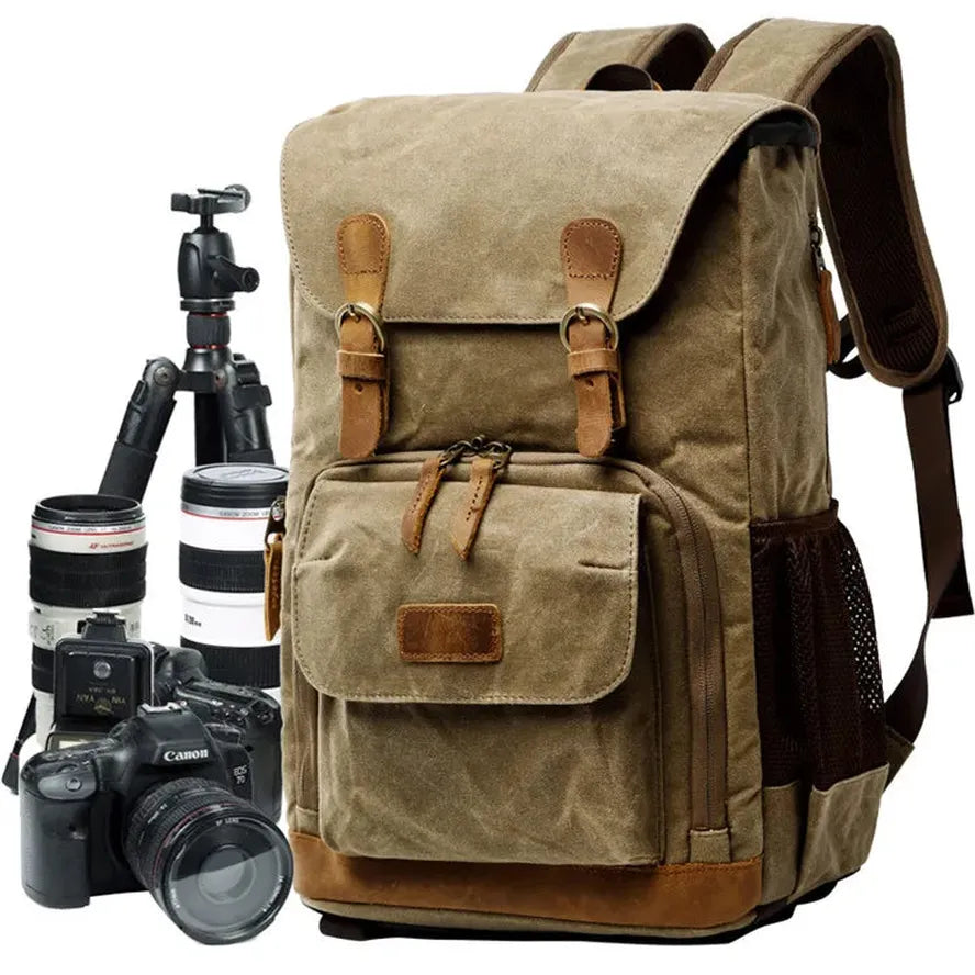 HKM-204179 Stylish Oil Wax Canvas Leather Camera Backpack for Special Purposes