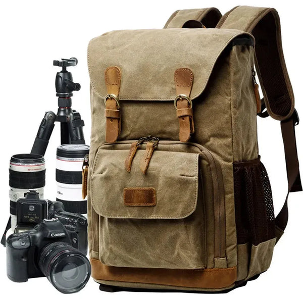 HKM-204179 Stylish Oil Wax Canvas Leather Camera Backpack for Special Purposes
