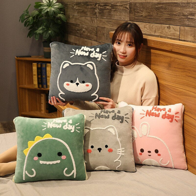 HKM-204371 Dinosaur Husky Cartoon Air Conditioner Throw Quilt and Pillow Set, Plush Filling 1x1.5m