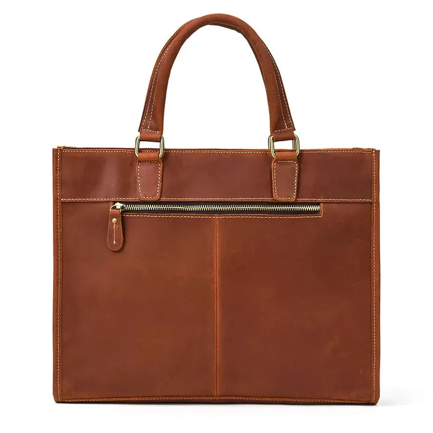 HKM-204371 Genuine Crazy Horse Leather Briefcase Tote for 14" Laptops - Retro Brown Messenger Bag