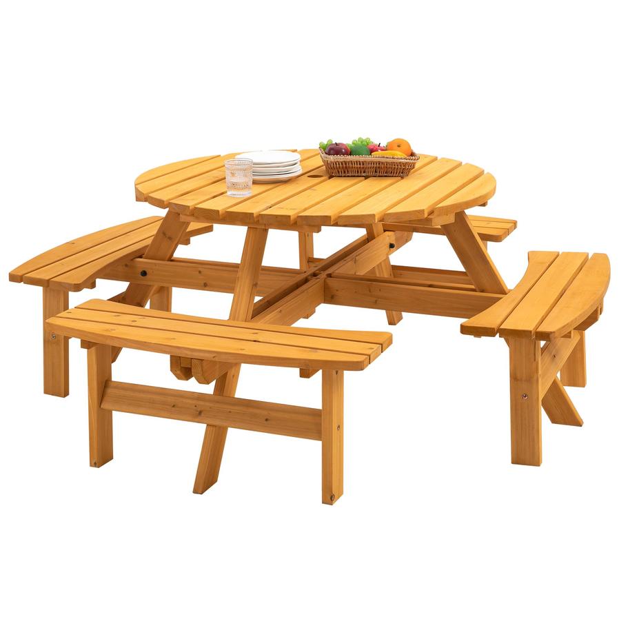 HKM-204499 Natural Wood Outdoor Picnic Table with 4 Built-in Benches for Camping and Gatherings