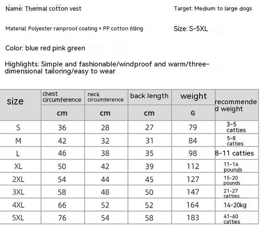 HKM-2047805 Waterproof Pet Coat Winter Thermal Vest in Multiple Colors and Sizes