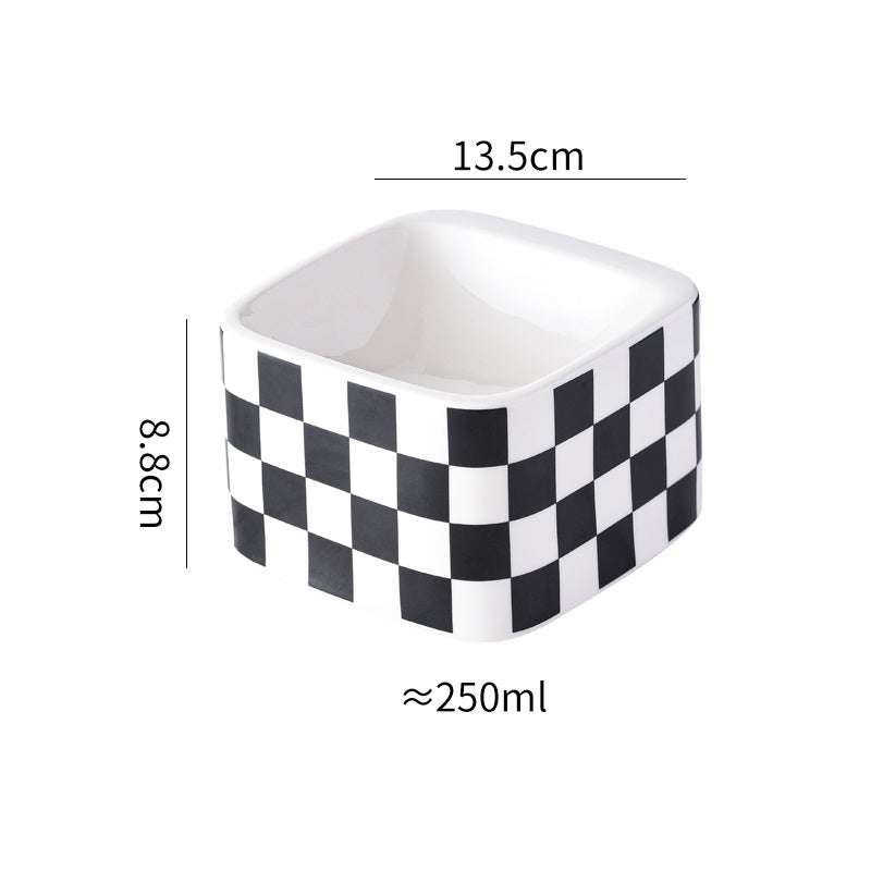 HKM-2048317 Lattice Ceramic High Foot Pet Bowl for Cats and Small Dogs in Black and White