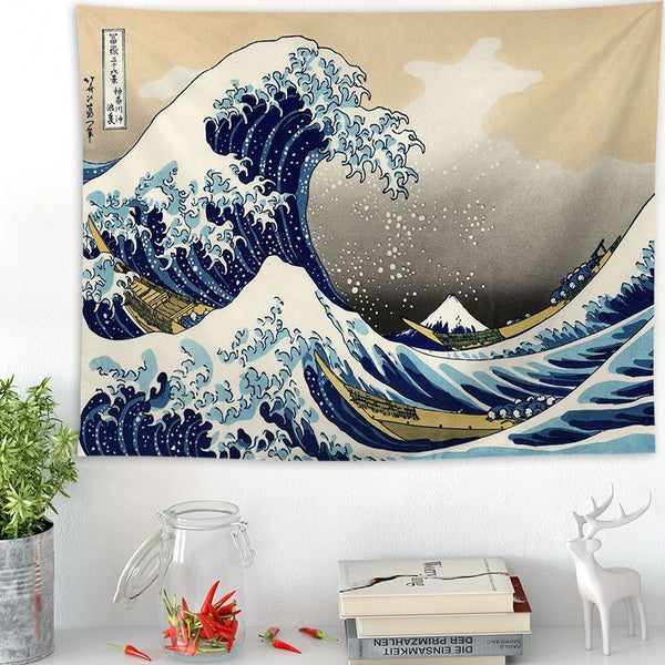 HKM-205011 Ukiyo-e Japanese Style Wave Tapestry - Soft Cotton Decorative Fabric for Home and Outdoor Use
