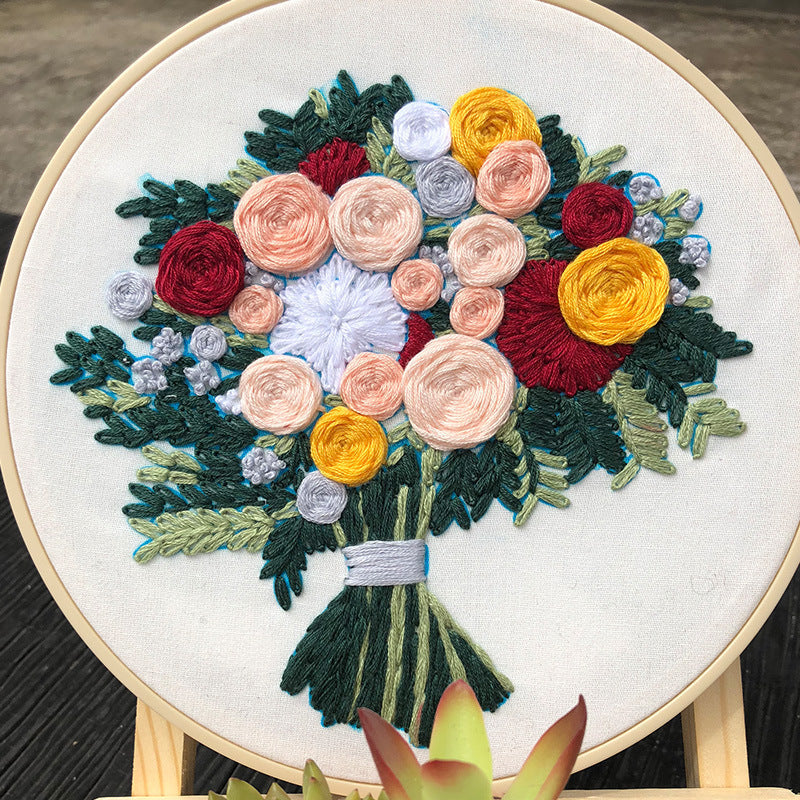 HKM-205459 European Style DIY Flower Embroidery Kit with Cotton and Linen Materials - Various Floral Patterns