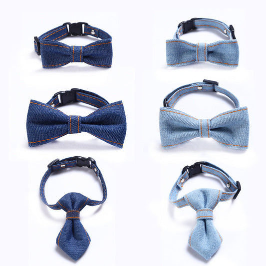 HKM-2055869 Adjustable Denim Bow Tie Collar for Cats and Dogs - Geometric Pattern, All Seasons