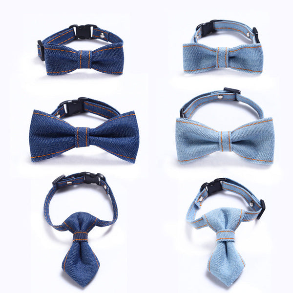 HKM-2055869 Adjustable Denim Bow Tie Collar for Cats and Dogs - Geometric Pattern, All Seasons