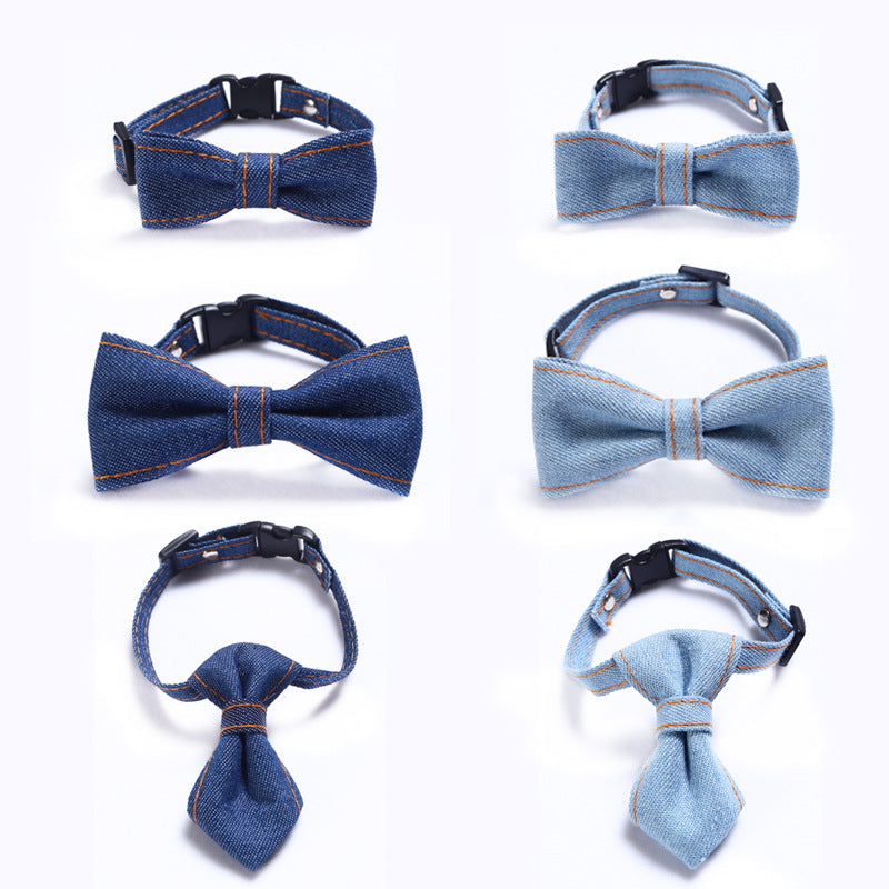 HKM-2055869 Adjustable Denim Bow Tie Collar for Cats and Dogs - Geometric Pattern, All Seasons