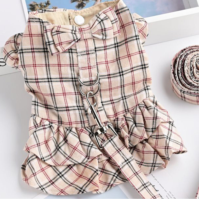 HKM-2056253 Pet Thin Waistcoat Skirt with Leash for Dogs and Cats - Cotton Fabric, Red and Khaki, Suitable for 3 Months and Older