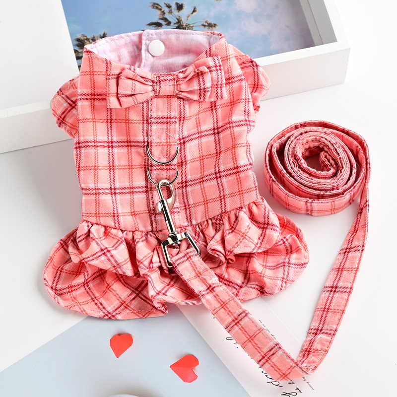HKM-2056253 Pet Thin Waistcoat Skirt with Leash for Dogs and Cats - Cotton Fabric, Red and Khaki, Suitable for 3 Months and Older