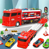 HKM-205715 Creative Deformation Long Track Truck Toy with Diecast Cars and Parking Lot Slot for Kids 3 Years+