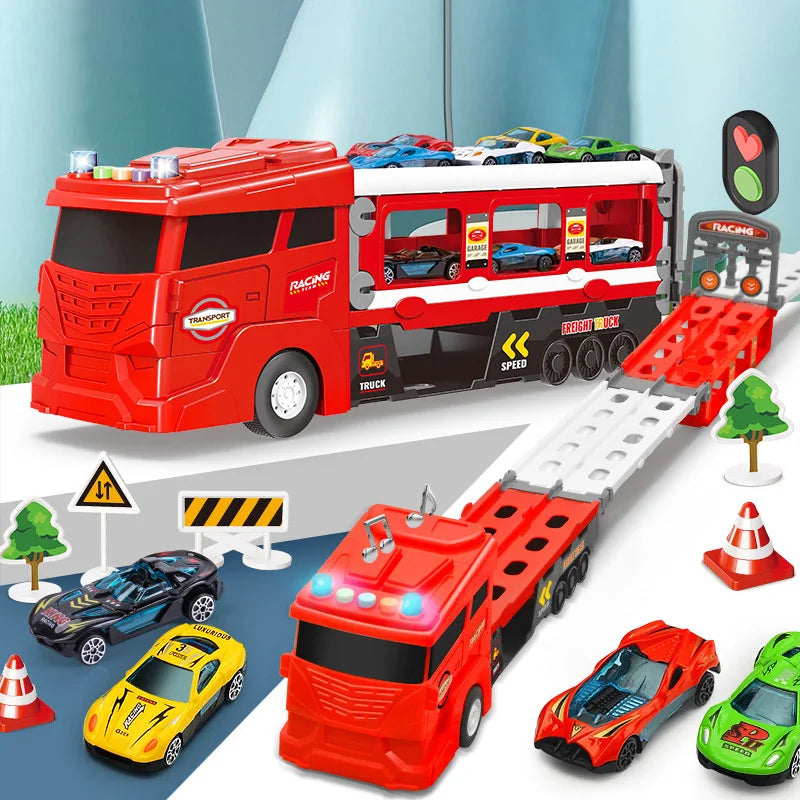 HKM-205715 Creative Deformation Long Track Truck Toy with Diecast Cars and Parking Lot Slot for Kids 3 Years+