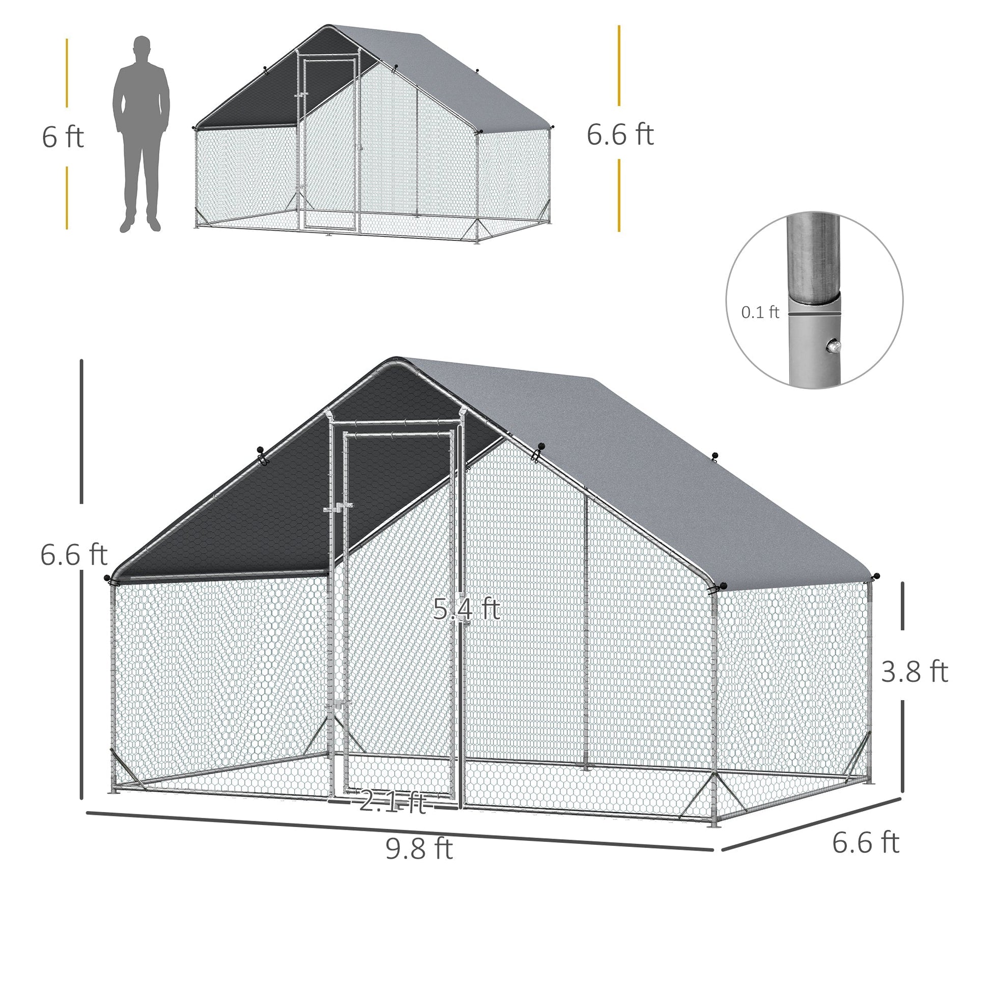 HKM-2057533 Large Metal Chicken Coop with Waterproof Cover - Walk-In Outdoor Run for Chickens, Rabbits, and Small Animals, 9.8' x 6.6' x 6.6'