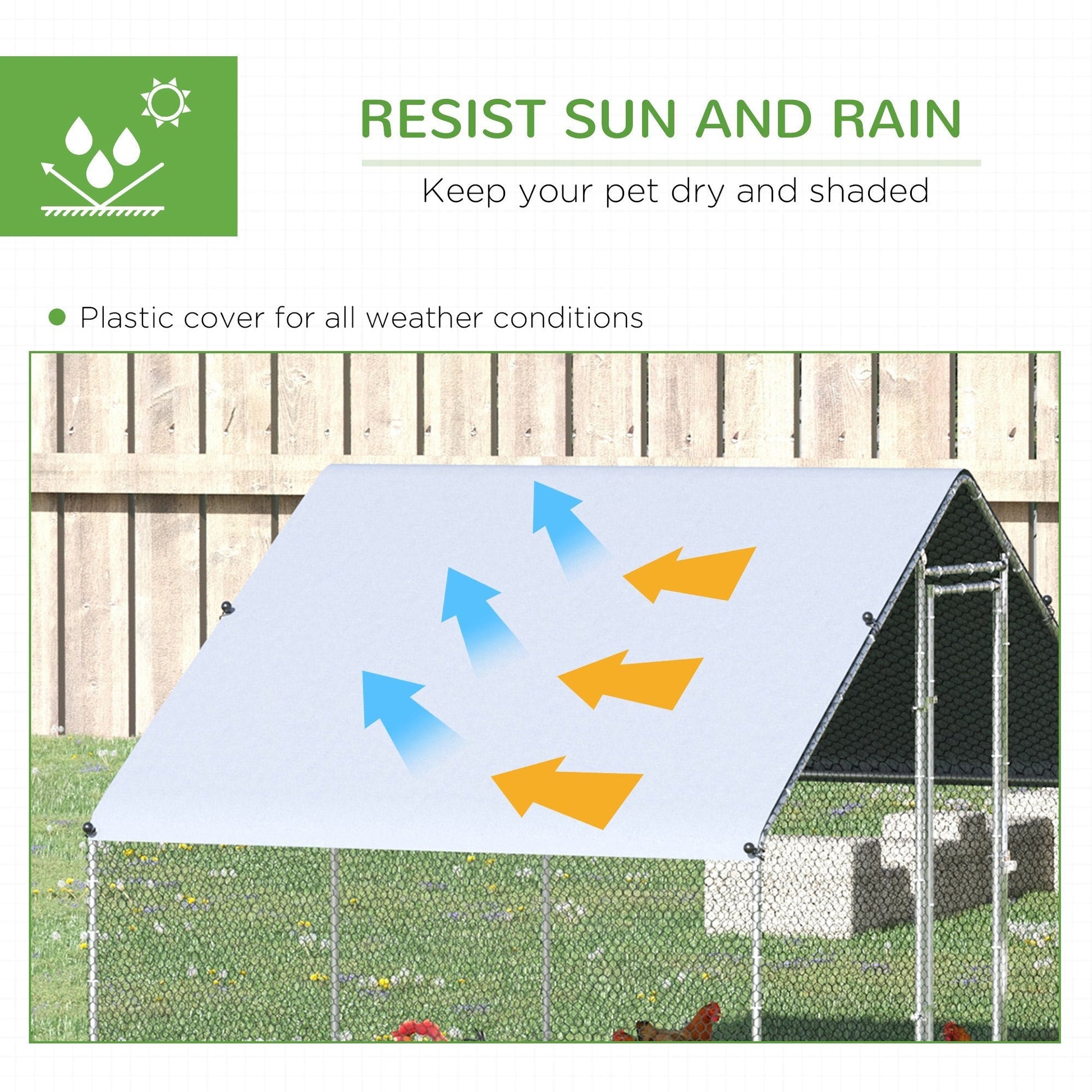 HKM-2057533 Large Metal Chicken Coop with Waterproof Cover - Walk-In Outdoor Run for Chickens, Rabbits, and Small Animals, 9.8' x 6.6' x 6.6'