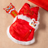 HKM-2058429 Lion Dance Inspired Pet Cheongsam Vest with Plush Lining and 3D Ornament for Small Dogs and Cats