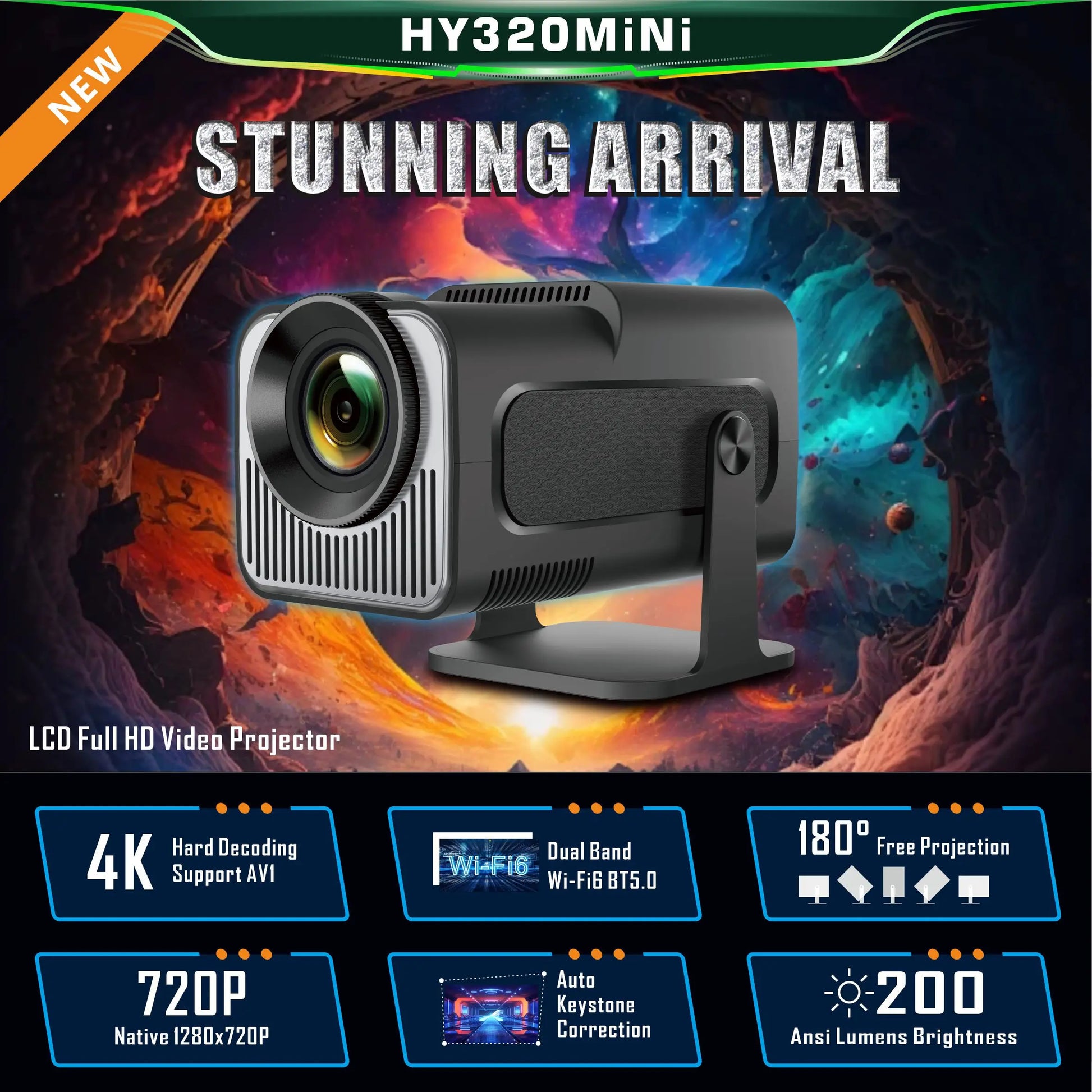 HKM-205971 Mini 4K Smart Projector with 150-Inch Screen, 1280x720p Resolution, Android 11, for Home and Outdoor Use