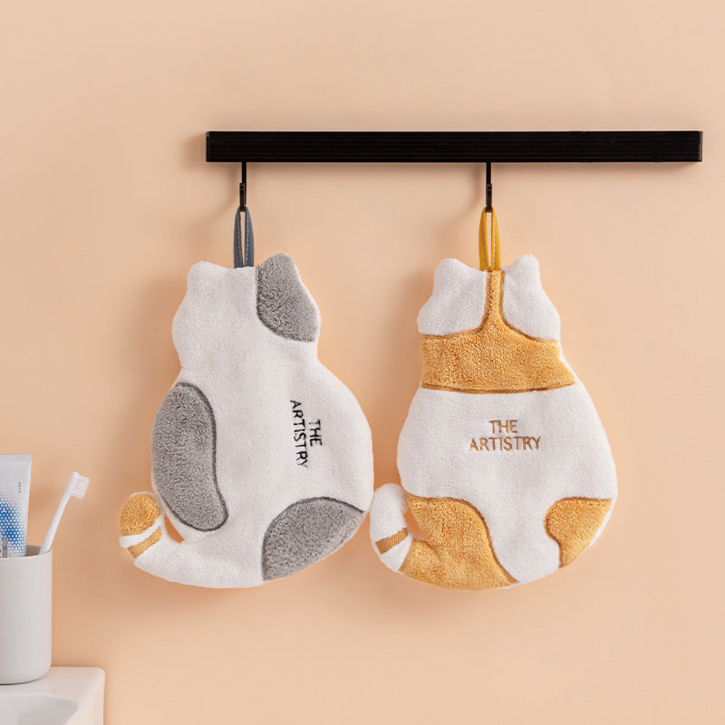 HKM-206035 Thickened Cat Hand Towel for Kids - Superfine Coral Fleece, Absorbent and Hangable, Yellow or Gray, 210x300mm