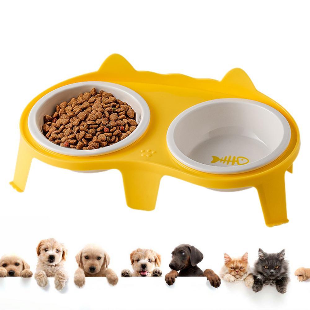 HKM-2061117 Elevated Ceramic Cat Food and Water Bowl Set with Tilted Design and Stand