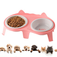 HKM-2061117 Elevated Ceramic Cat Food and Water Bowl Set with Tilted Design and Stand