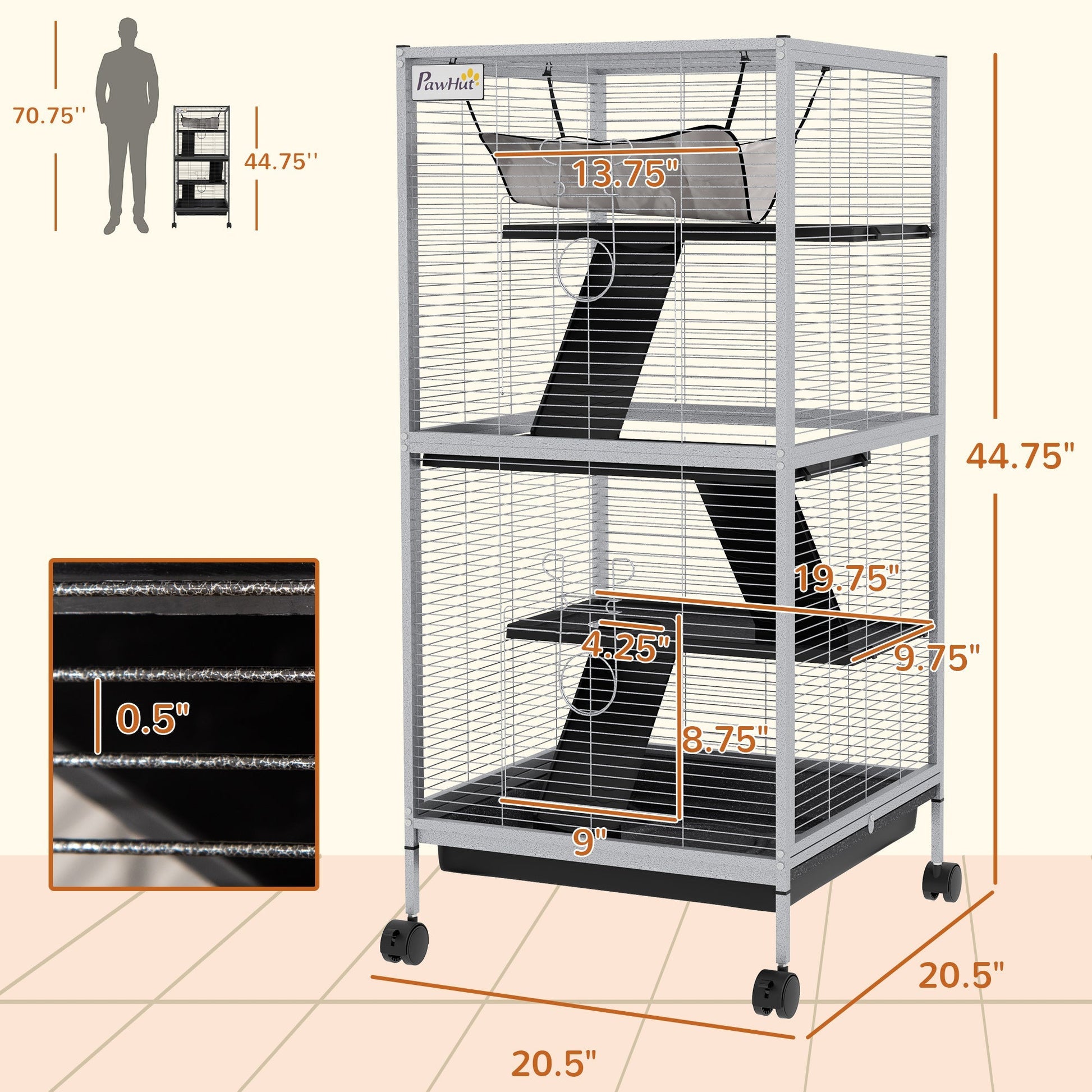 HKM-2063293 Rolling Small Animal Cage with Hammock & Removable Tray - Ideal for Ferrets, Chinchillas, and Kittens
