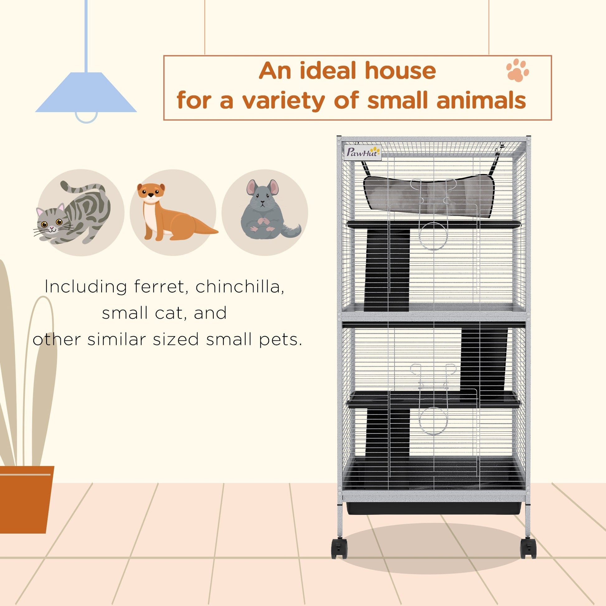 HKM-2063293 Rolling Small Animal Cage with Hammock & Removable Tray - Ideal for Ferrets, Chinchillas, and Kittens