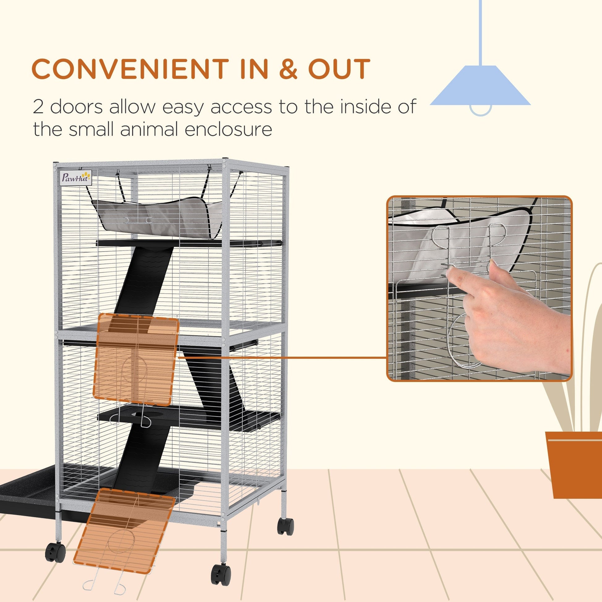 HKM-2063293 Rolling Small Animal Cage with Hammock & Removable Tray - Ideal for Ferrets, Chinchillas, and Kittens