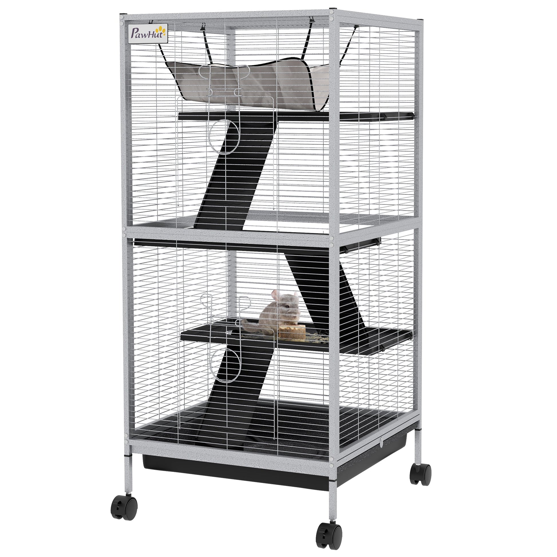 HKM-2063293 Rolling Small Animal Cage with Hammock & Removable Tray - Ideal for Ferrets, Chinchillas, and Kittens