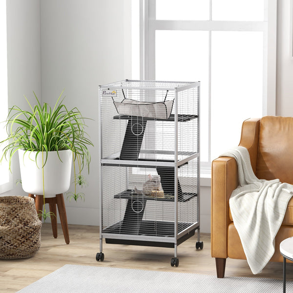 HKM-2063293 Rolling Small Animal Cage with Hammock & Removable Tray - Ideal for Ferrets, Chinchillas, and Kittens