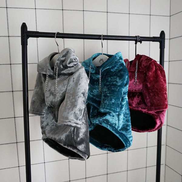 HKM-2064701 Plush Hooded Sweater for Small Dogs and Cats in Red, Gray, and Blue - Autumn/Winter Apparel