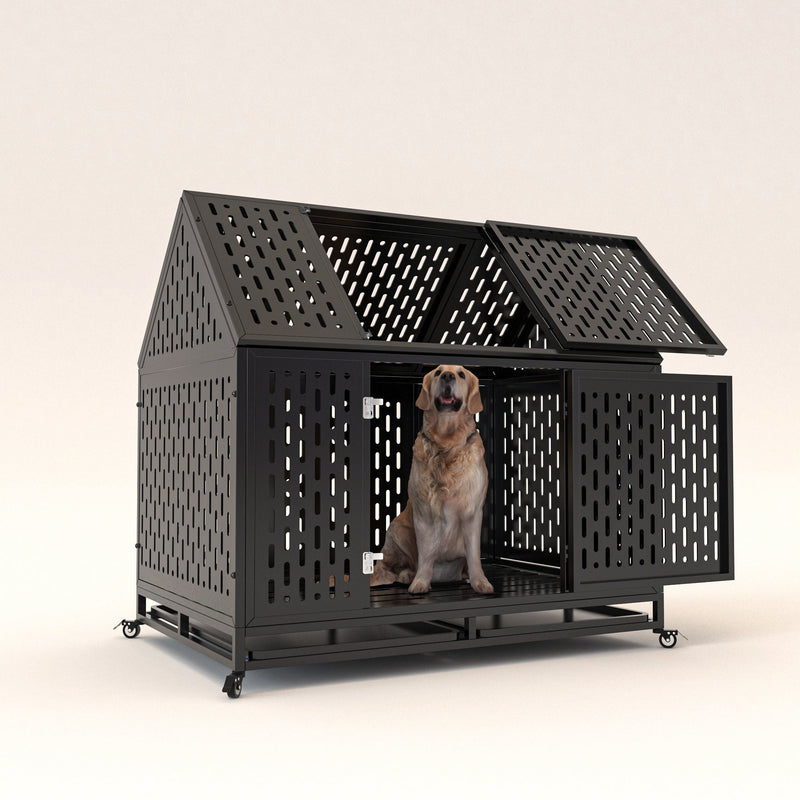 HKM-206611 Durable 45 Inch Heavy Duty Steel Dog Crate with Removable Trays and Lockable Wheels