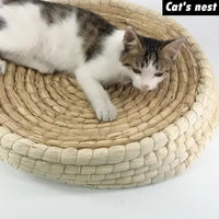 HKM-2069437 Straw Woven Cat Bed with Scratching Board - Hand-Woven Bowl-Shaped Nest for Small Pets