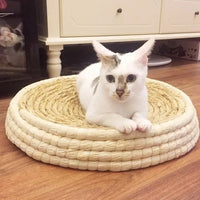HKM-2069437 Straw Woven Cat Bed with Scratching Board - Hand-Woven Bowl-Shaped Nest for Small Pets