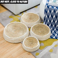 HKM-2069437 Straw Woven Cat Bed with Scratching Board - Hand-Woven Bowl-Shaped Nest for Small Pets
