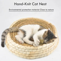 HKM-2069437 Straw Woven Cat Bed with Scratching Board - Hand-Woven Bowl-Shaped Nest for Small Pets