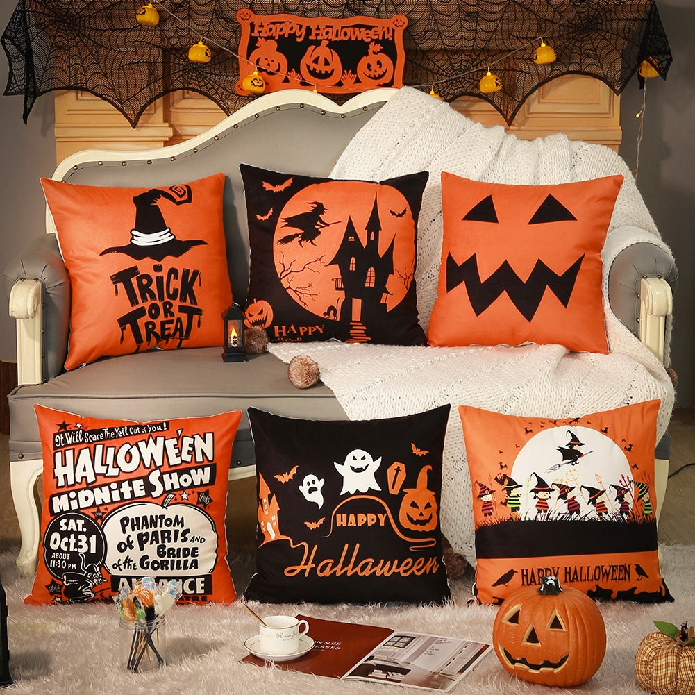 HKM-206995 Halloween-Themed Peach Skin Cushion Cover and Pillowcase, 45x45cm