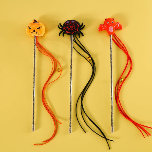 HKM-2070205 Interactive Plush Cat Teaser Stick with Halloween-themed Spider, Pumpkin, and Bat Designs