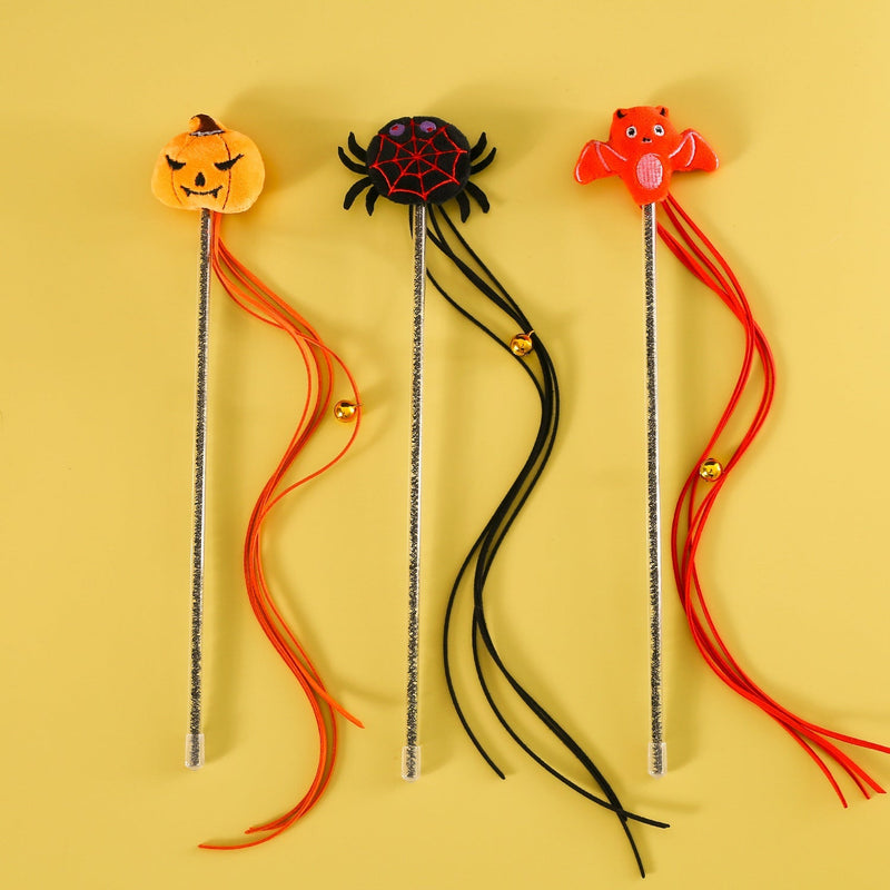 HKM-2070205 Interactive Plush Cat Teaser Stick with Halloween-themed Spider, Pumpkin, and Bat Designs
