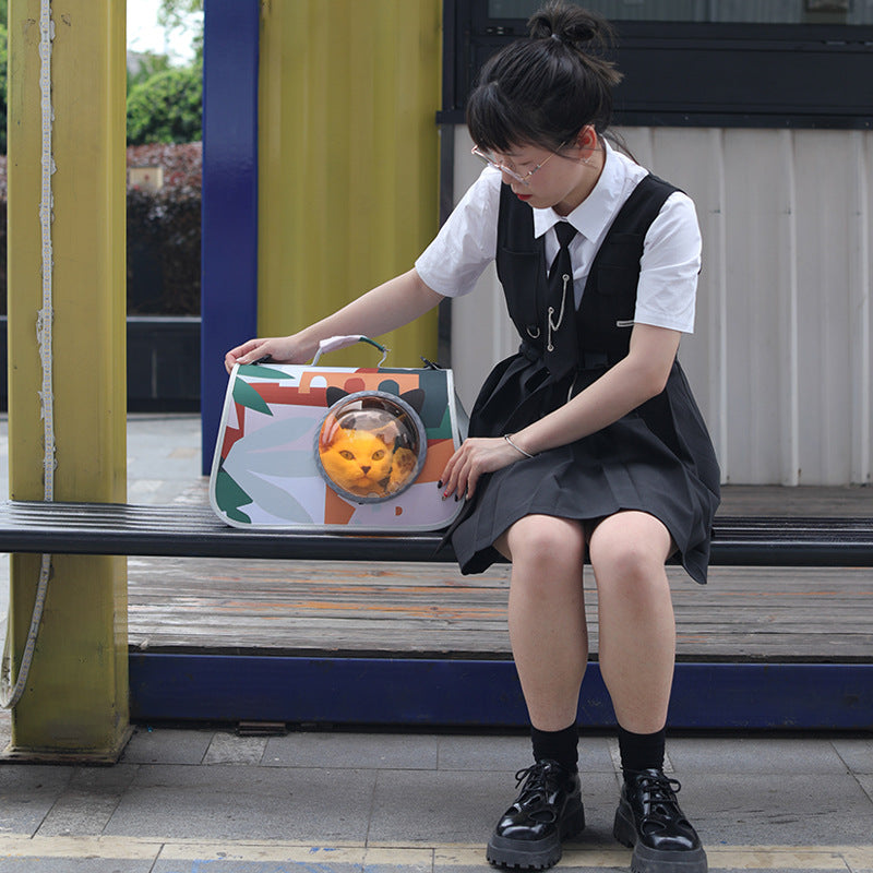 HKM-2071613 Transparent Space Cover Cat Carrier Bag with Cartoon Design, Medium PU Fabric Crossbody Pet Bag