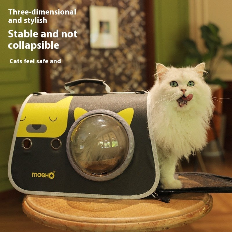 HKM-2071613 Transparent Space Cover Cat Carrier Bag with Cartoon Design, Medium PU Fabric Crossbody Pet Bag