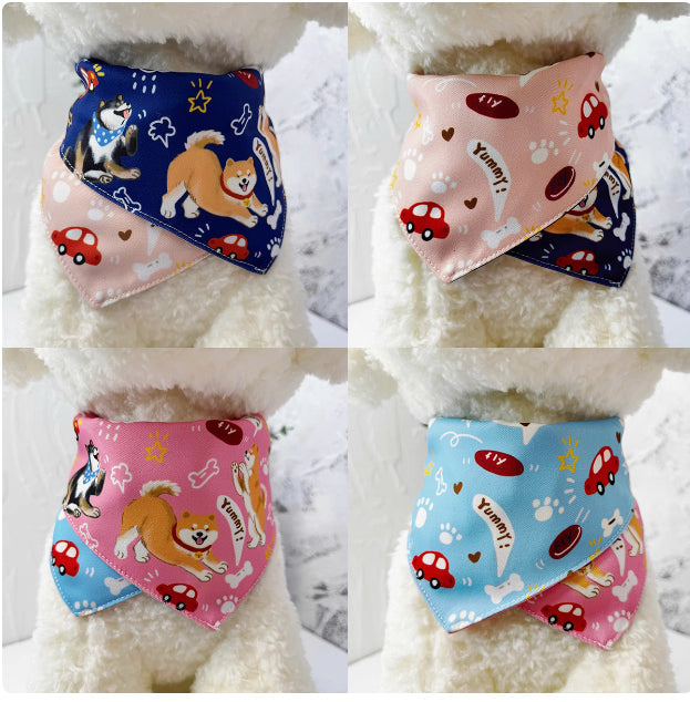 HKM-2072765 Reversible Shiba Inu Triangular Scarf for Small Dogs - Pink/Blue & Dark Blue/Pink Options