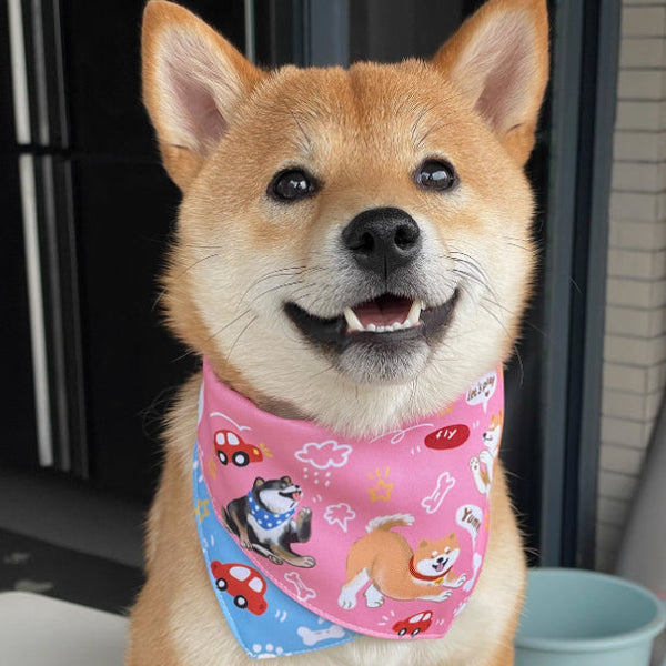 HKM-2072765 Reversible Shiba Inu Triangular Scarf for Small Dogs - Pink/Blue & Dark Blue/Pink Options