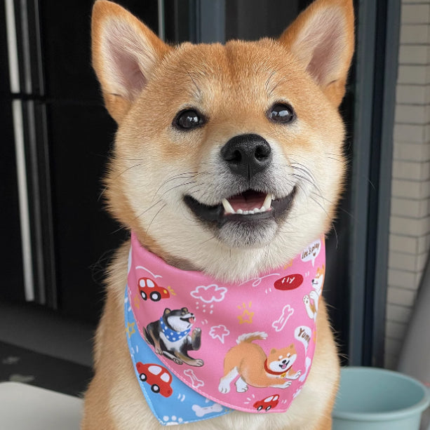 HKM-2072765 Reversible Shiba Inu Triangular Scarf for Small Dogs - Pink/Blue & Dark Blue/Pink Options