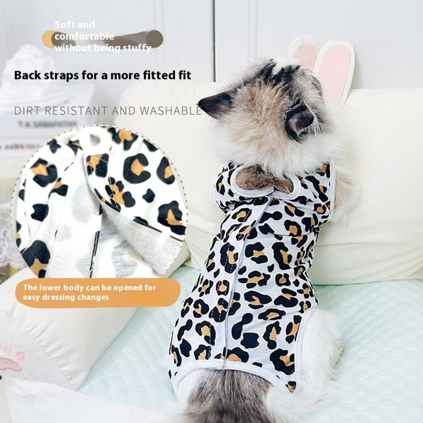 HKM-2075709 Breathable Cat Surgical Gown in Leopard Print - Comfortable Sterilization Clothing for Female Cats