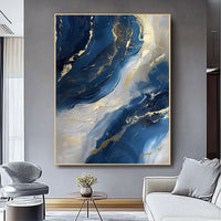 HKM-207699 Abstract Oil Painting on Canvas - Handmade Modern Art in Blue and Gold for Living Room Décor
