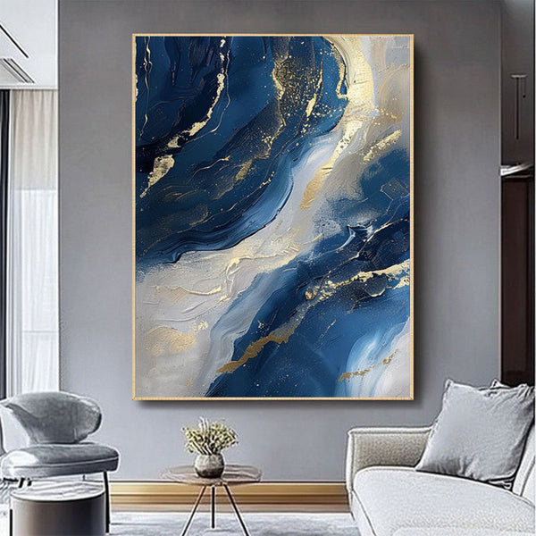 HKM-207699 Abstract Oil Painting on Canvas - Handmade Modern Art in Blue and Gold for Living Room Décor