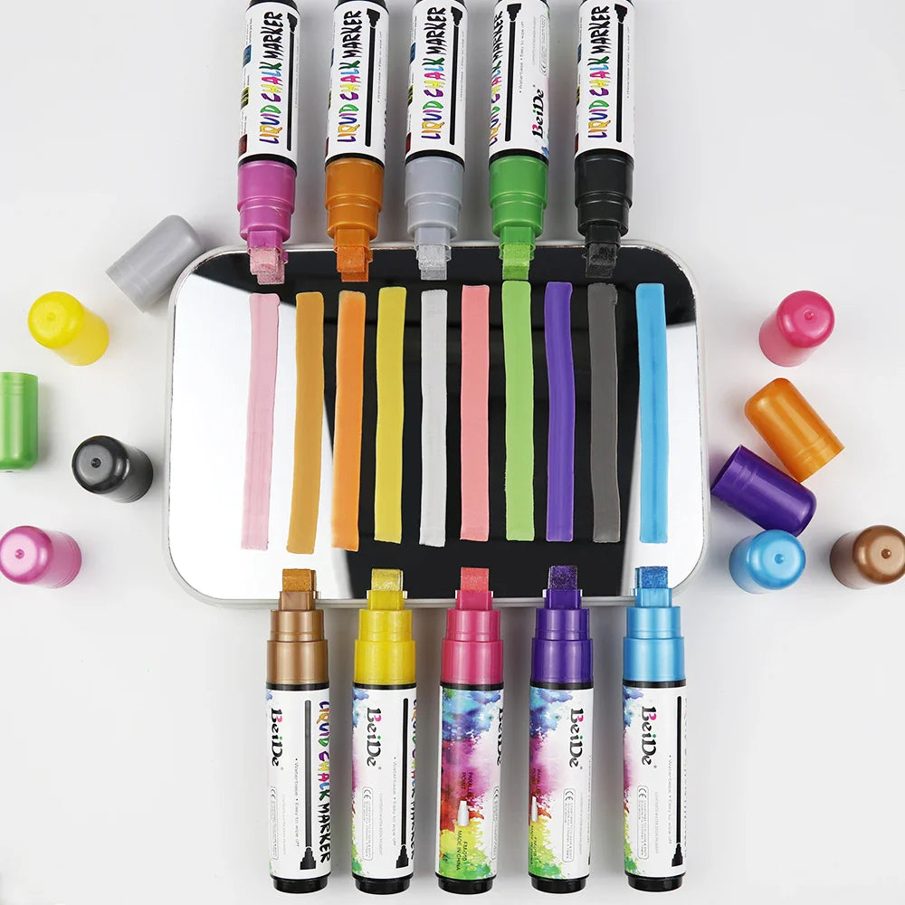 HKM-207891 10mm Flat Tip Neon Dry Erase Liquid Chalk Marker - Water-Based, 8 Colours, Reusable, Safe for Skin