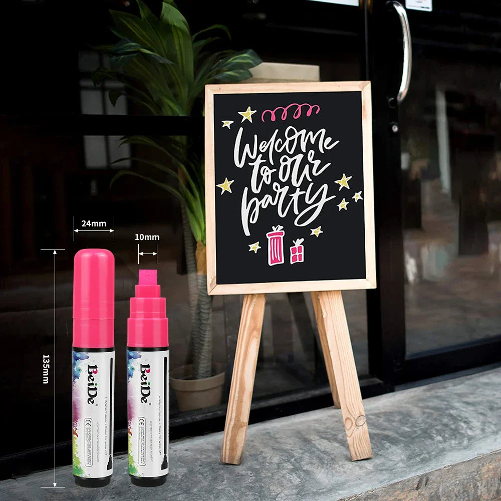 HKM-207891 10mm Flat Tip Neon Dry Erase Liquid Chalk Marker - Water-Based, 8 Colours, Reusable, Safe for Skin