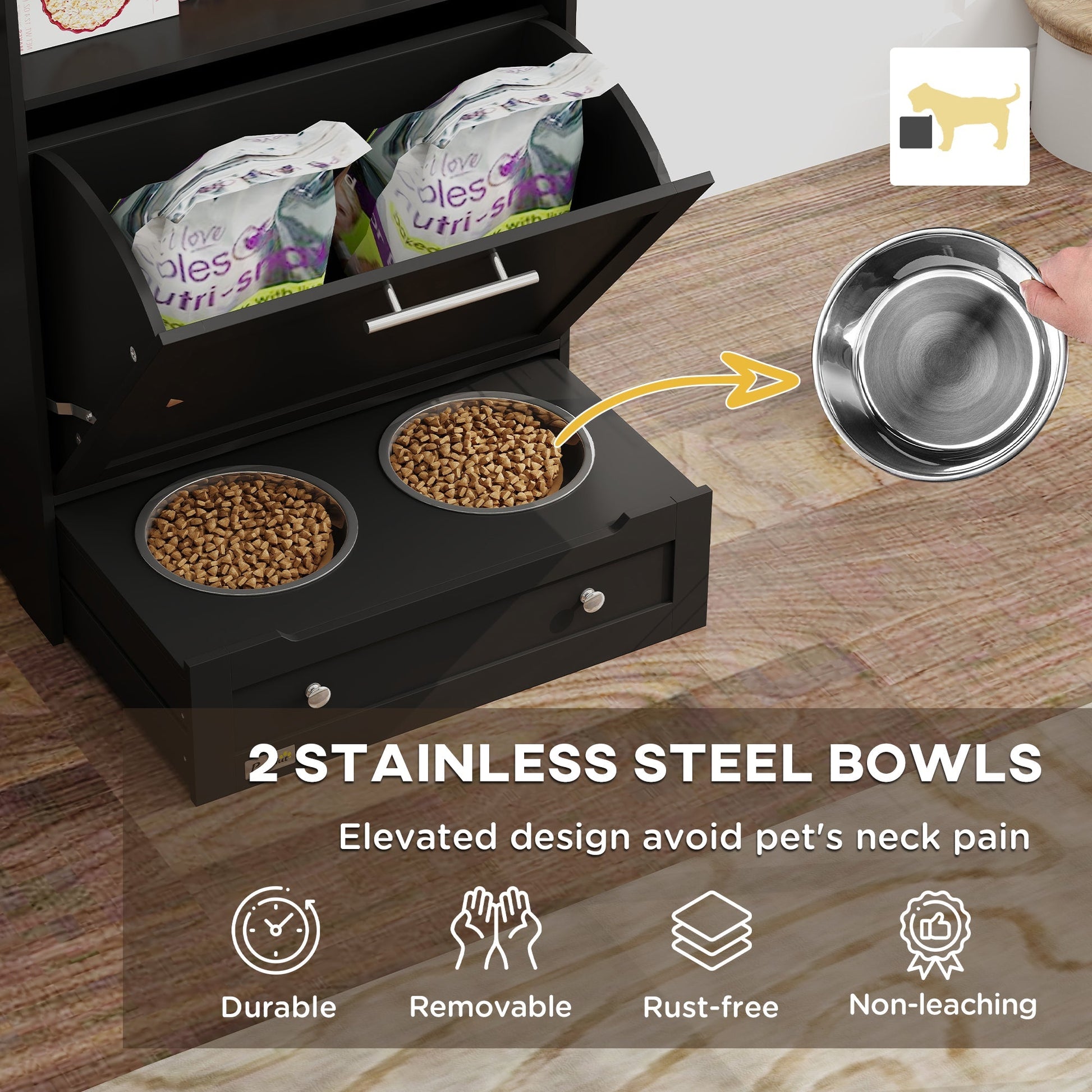 HKM-2081085 Pet Feeder Station Storage Cabinet with Two Removable Bowls and Storage Space, Black